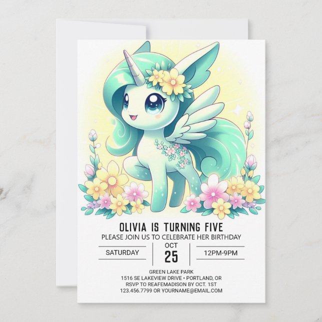 Adorable Girl Unicorn Einladung (Vorderseite)