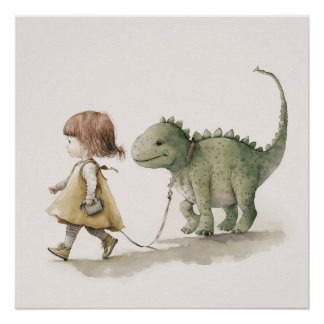Adorable Girl Walking Dinosauriermauer Poster