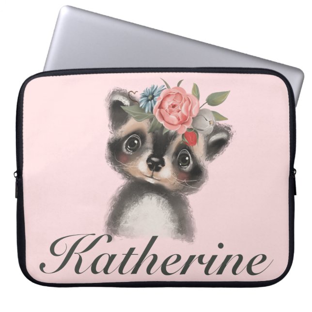 Adorable Girl's Racoon Pink Floral Laptopschutzhülle (Vorderseite)