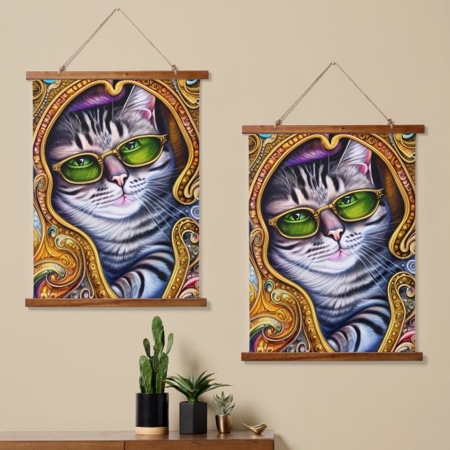 Adorable Gläser mit Hipster Cat Wandteppich Mit Holzrahmen (Asymmetrisch)