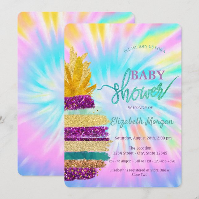 Adorable Glitzer Ananas Gefärbte Krawatte Babydusc Einladung (Vorne/Hinten)
