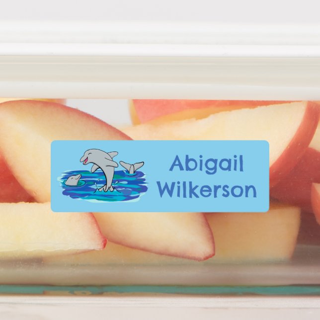 Adorable glückliche Delfine Cartoon personalisiert Etiketten (Befestigt)