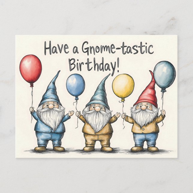 Adorable Gnome Birthday Illustration mit Balloons Postkarte (Vorderseite)