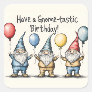 Adorable Gnome Birthday Illustration mit Balloons Quadratischer Aufkleber