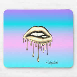 Adorable Gold Metallic Dripping Lips Holographic Mousepad