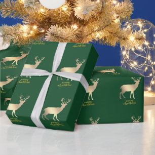 Adorable Gold Rentiers Green Frohe Weihnachten Geschenkpapier