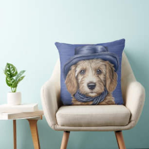 ADORABLE GOLDEN DOODLE PUPPING MIT BLAUE HAT KISSEN