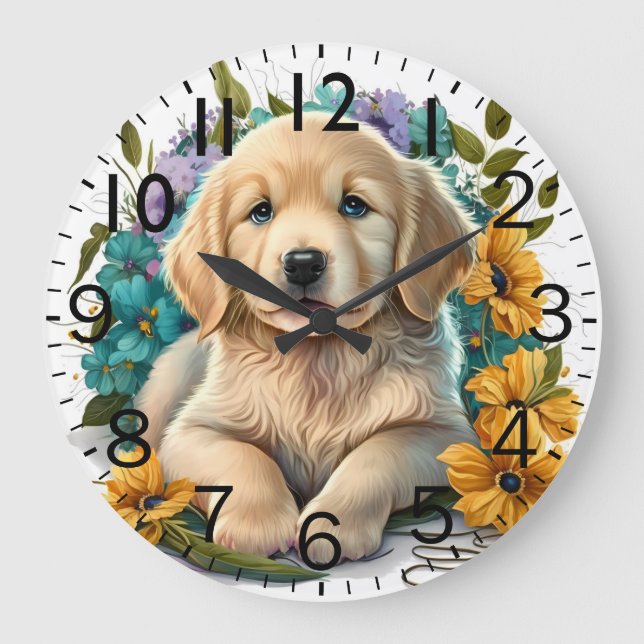 Adorable Golden Retriever Puppy Dog Große Wanduhr (Vorderseite)