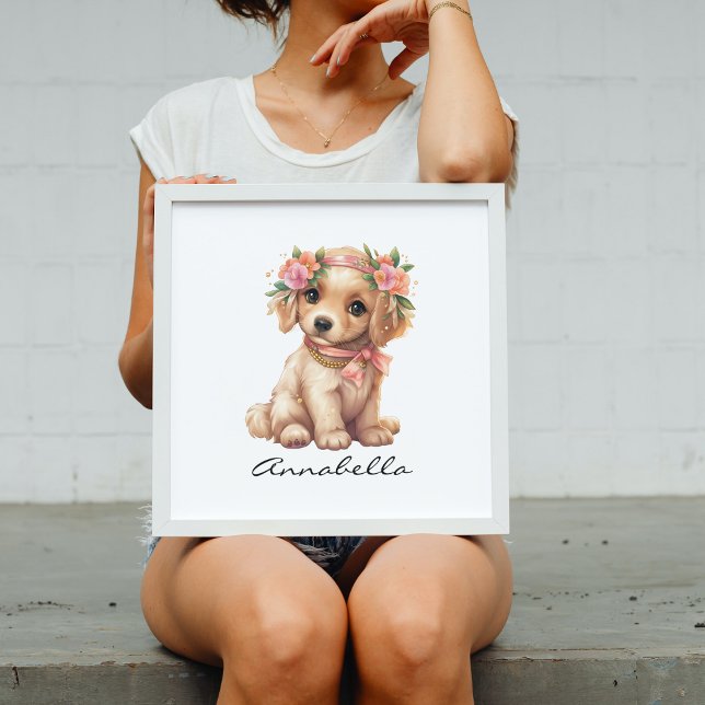 Adorable Golden Retriever Puppy Floral Poster (Golden Retriever Puppy Poster with Custom Name - Adorable Dog Lover Nursery Art)
