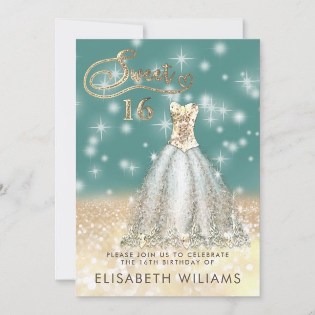 Adorable Goldkleid charmante glittery ombre invit Einladung (Vorderseite)