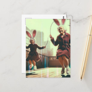 Adorable Granny Oaster Bunnies Jumping Rope Glitch Postkarte
