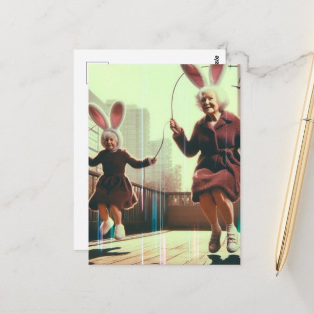 Adorable Granny Oaster Bunnies Jumping Rope Glitch Postkarte (Vorderseite/Rückseite Beispiel)