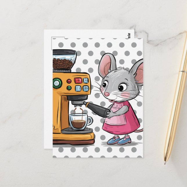 Adorable graue Maus Kaffee machen Postkarte (Vorderseite/Rückseite Beispiel)