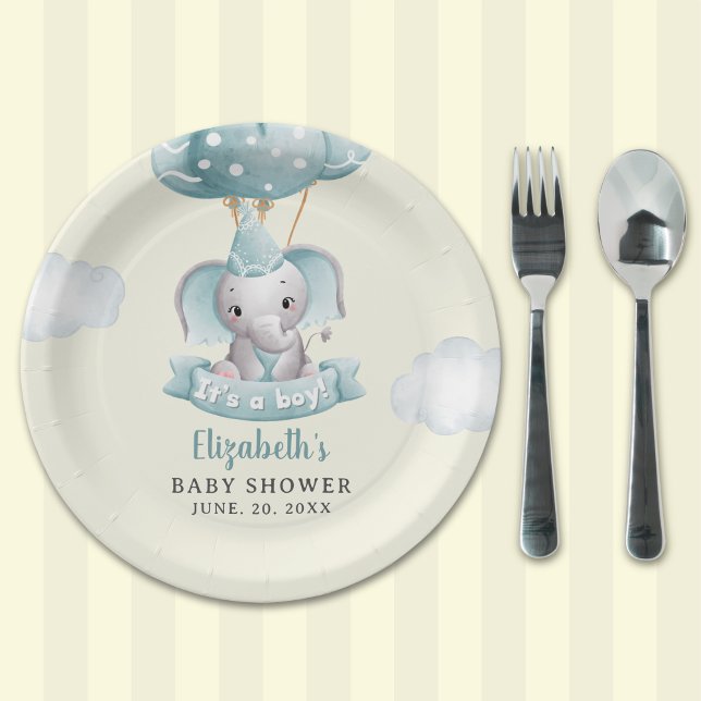 Adorable Gray Elephant Baby shower Boy Pappteller (Von Creator hochgeladen)