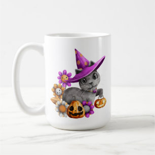 ADORABLE GRAY HALLOWEEN CAT MIT BLUME BATTEN KAFFEETASSE
