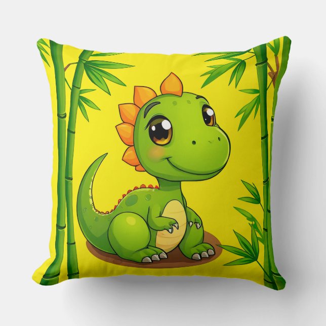 Adorable Green Cartoon Dinosaur Amid Bamboo Pflanz Kissen (Vorderseite)
