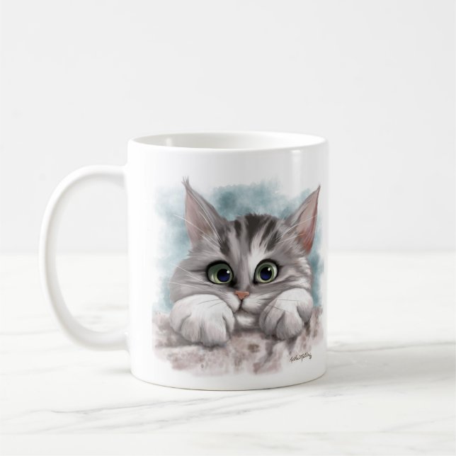 Adorable Grey Tabby Kitten Cartoon Kaffeetasse (Links)