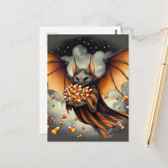 Adorable Halloween Bat With Candy Postkarte (Vorderseite/Rückseite Beispiel)