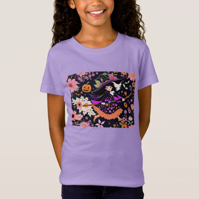 Adorable Halloween Hexe mit Blume und Kürbis T-Shirt (Vorderseite)