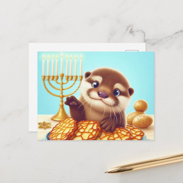 Adorable Hanukkah Otter Postkarte (Vorderseite/Rückseite Beispiel)