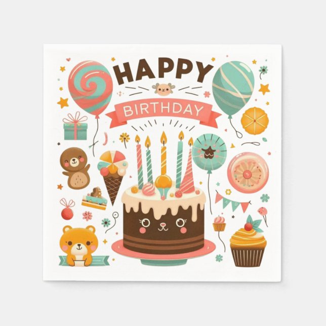 Adorable Happy Birthday Cake & Bear Serviette (Vorderseite)