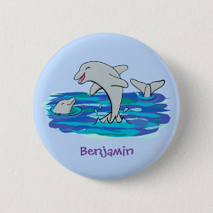 Adorable Happy Delphine Cartoon Illustration Button