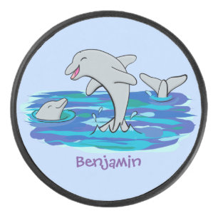 Adorable Happy Delphine Cartoon Illustration Eishockey Puck