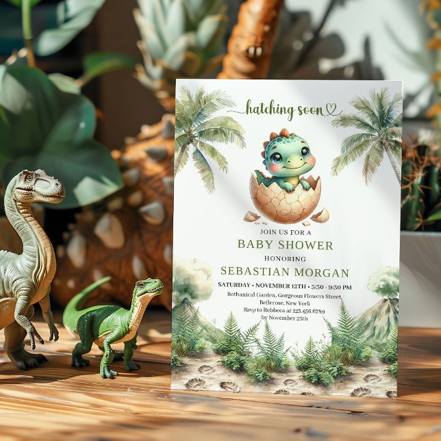 Adorable hatching soon baby shower invite editable einladung (Cute Hatching Soon Dinosaur Baby Shower Invitation)