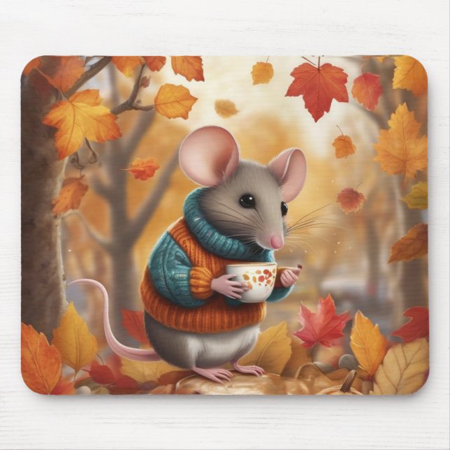 Adorable Herbstmaus mit farbenfrohen Blätter Mousepad (Vorne)