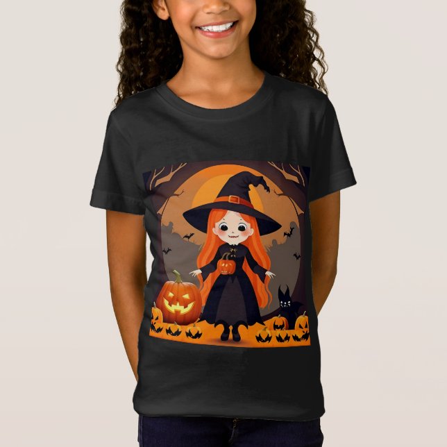 Adorable Hexe zu Halloween Einstellung mit Kürpen T-Shirt (Vorderseite)