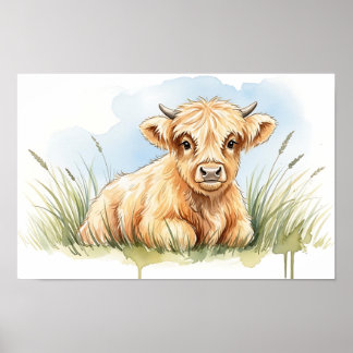 Adorable Highland Calf Watercolor | Cute Nursery Poster