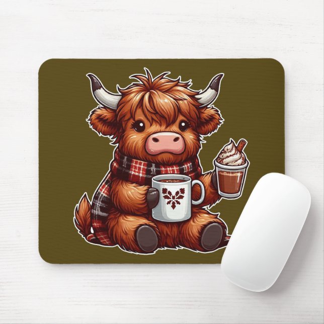 Adorable Highland Cow Genießen gemütliche Getränke Mousepad (Mit Mouse)