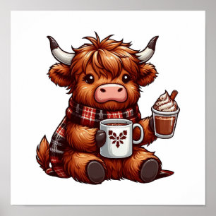 Adorable Highland Cow Genießen gemütliche Getränke Poster