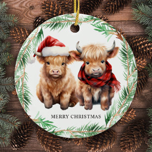 Adorable Highland Kuh Calf Farm Frohe Weihnachten Keramik Ornament
