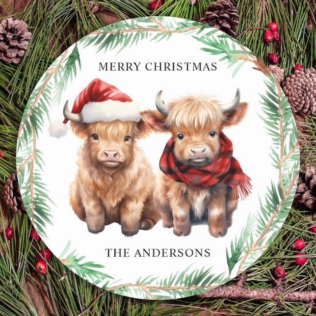 Adorable Highland Kuh Calf Farm Frohe Weihnachten Runder Aufkleber (Von Creator hochgeladen)