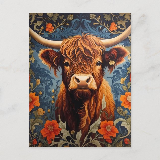 Adorable Highlands Cow William Morris Inspiriert Postkarte (Vorderseite)