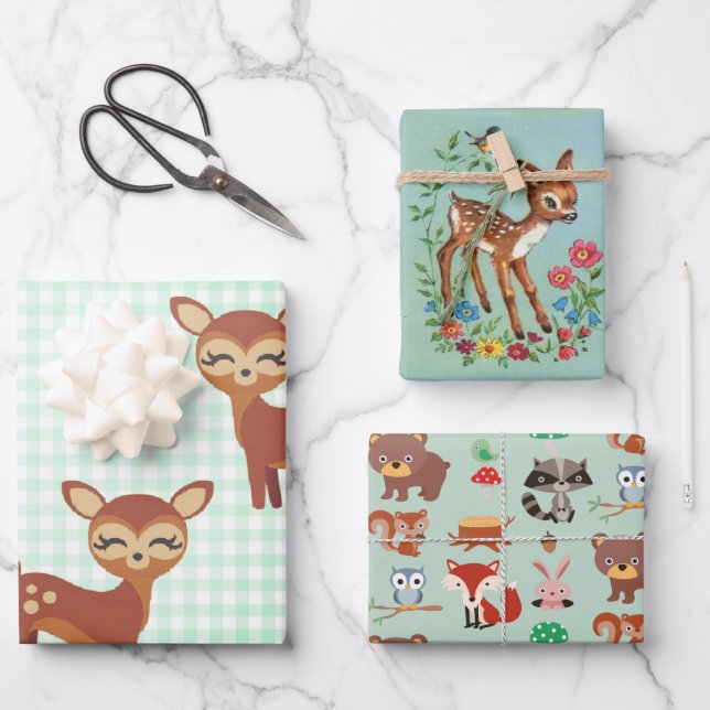 Adorable Hirsche und Waldtiere Geschenkpapier Set (Vorderseite)