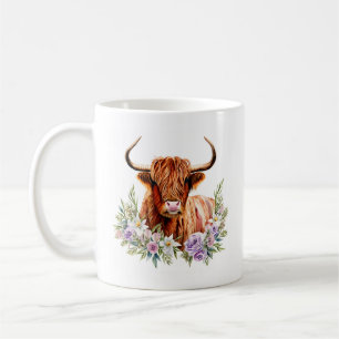 Adorable Hochlandkuh und Blume Wasserfarbe Kaffeetasse