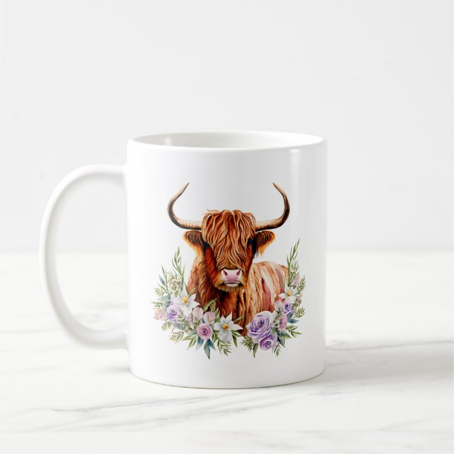 Adorable Hochlandkuh und Blume Wasserfarbe Kaffeetasse (Links)