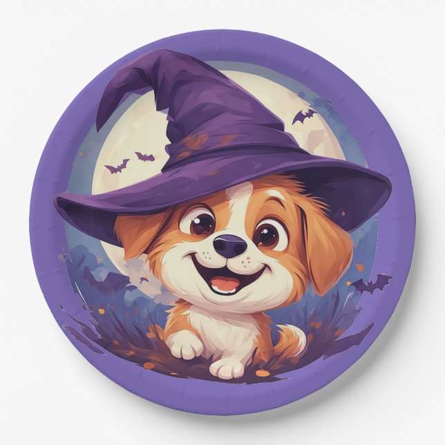 Adorable Hund in Hexenhut Pappteller (Vorderseite)