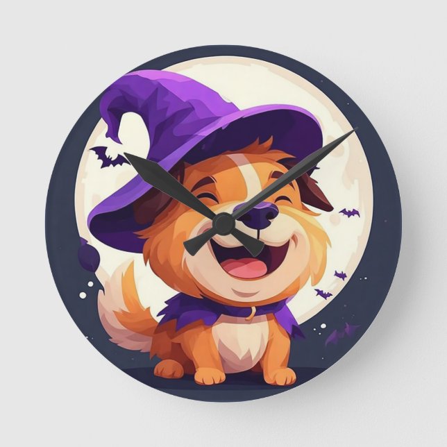 Adorable Hund in Hexenhut Runde Wanduhr (Vorderseite)