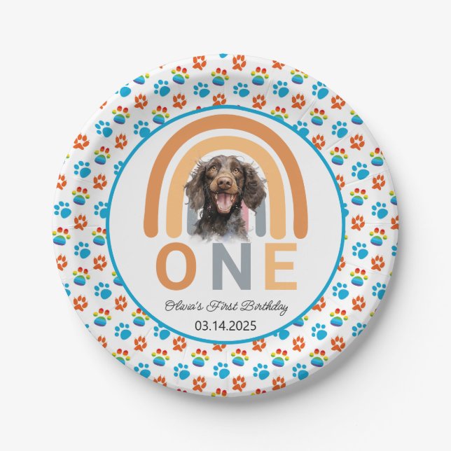 Adorable Hunde Regenbogen Wasserfarbe 1. Geburtsta Pappteller (Vorderseite)