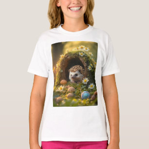 Adorable Igel in Mossy Log Zuhause mit Blume T-Shirt