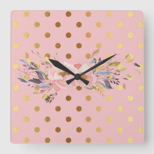 Adorable Imitate Gold Polka Dots Blume Quadratische Wanduhr (Vorderseite)