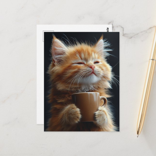 Adorable Ingwer Kitten mit Kaffee Postkarte (Vorderseite/Rückseite Beispiel)