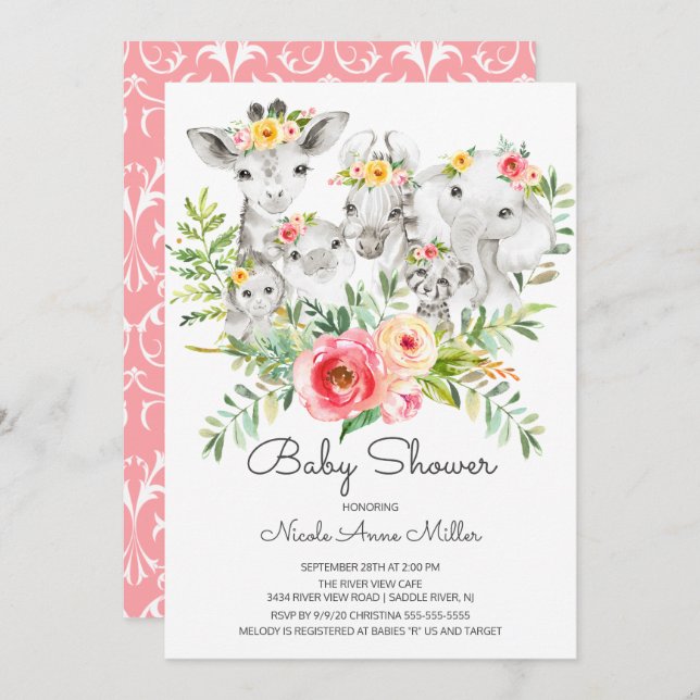 Adorable Jungle Animals Kinderdusche Einladung (Vorne/Hinten)