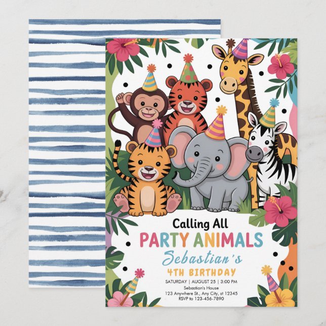 Adorable Jungle Party Animals Birthday Einladung (Vorne/Hinten)