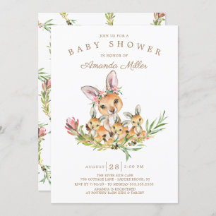 Adorable Kangaroo Mama & Babies Triplet Babydusche Einladung