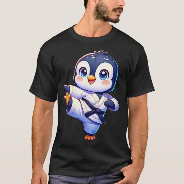 Adorable Karate Penguin Crane Kick Pose T-Shirt (Vorderseite)