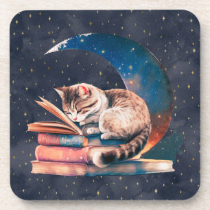 Adorable Katze auf dem Mond Lesen eines Buches Getränkeuntersetzer